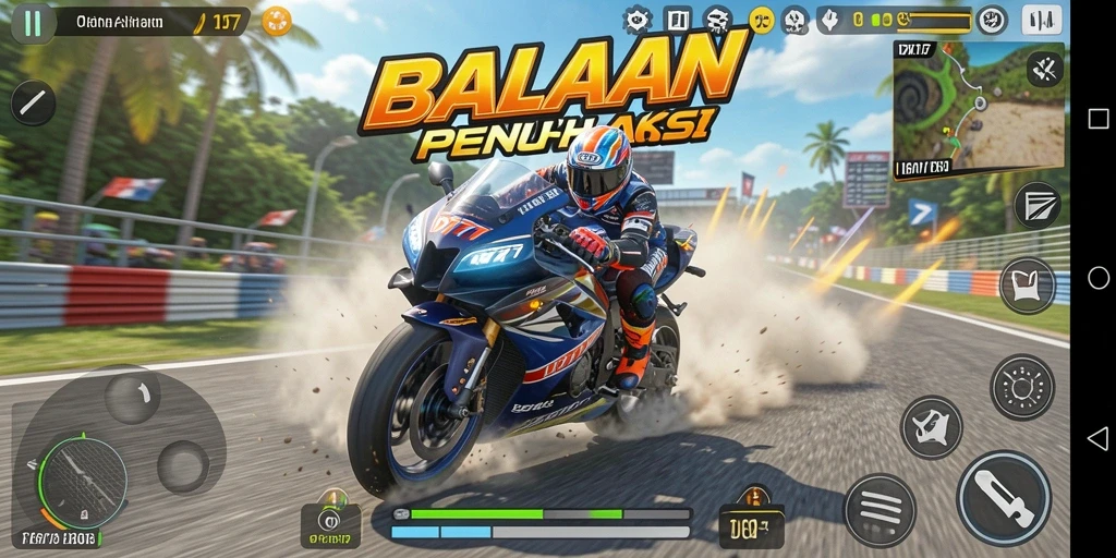 Tampilan gameplay seru dan menegangkan dalam balapan motor.