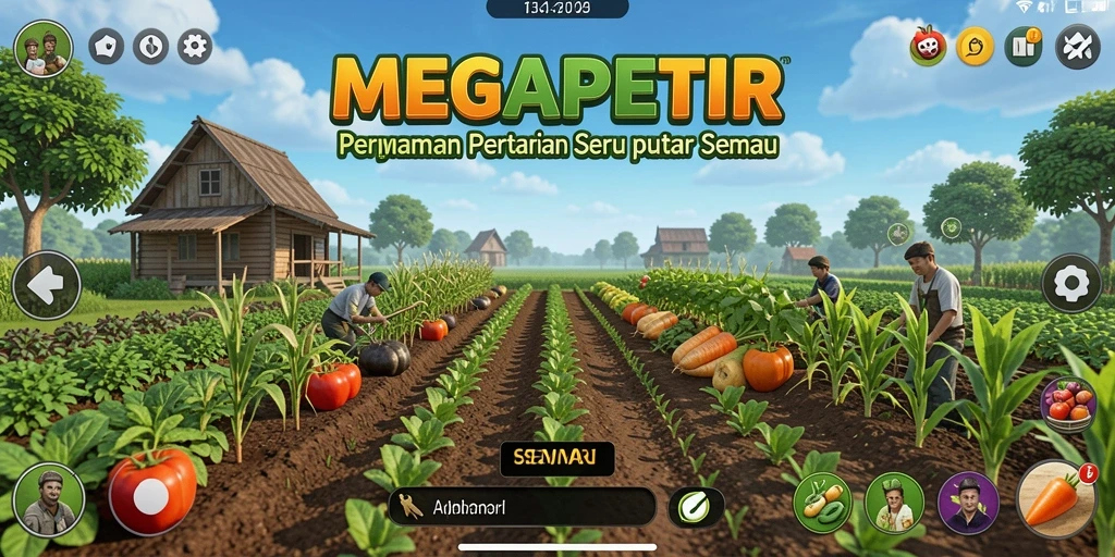 Screenshot utama MEGAPETIR menampilkan kegiatan bercocok tanam yang seru dan menantang.