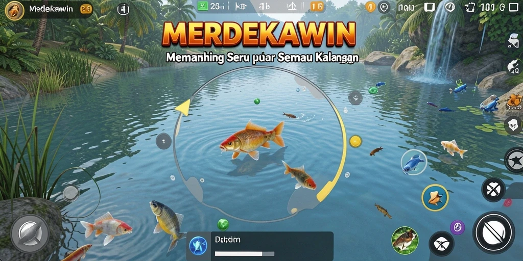 Tampilan gameplay MERDEKAWIN yang penuh warna dan menarik saat memancing.