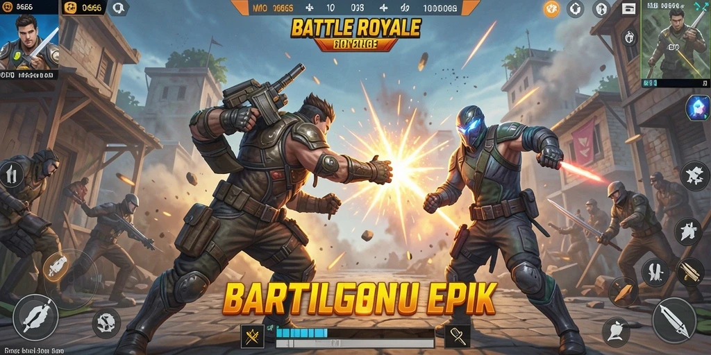Screenshot utama MPO666 menampilkan aksi pertempuran seru dalam game Battle Royale.