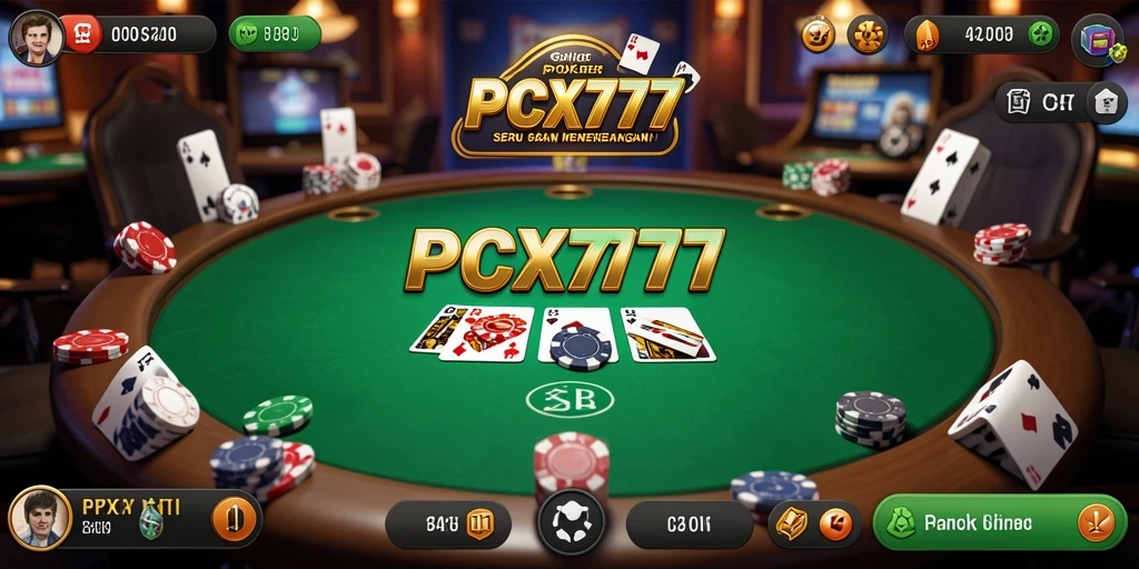 Screenshot gameplay PCX777 menampilkan suasana permainan poker yang menegangkan.