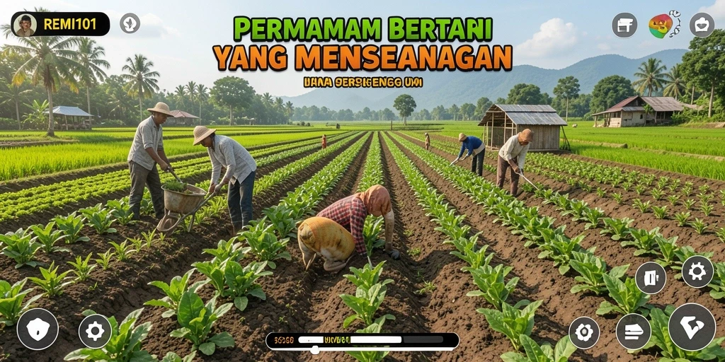 Screenshoot utama REMI101 menampilkan pemain sedang bercocok tanam di ladang hijau.