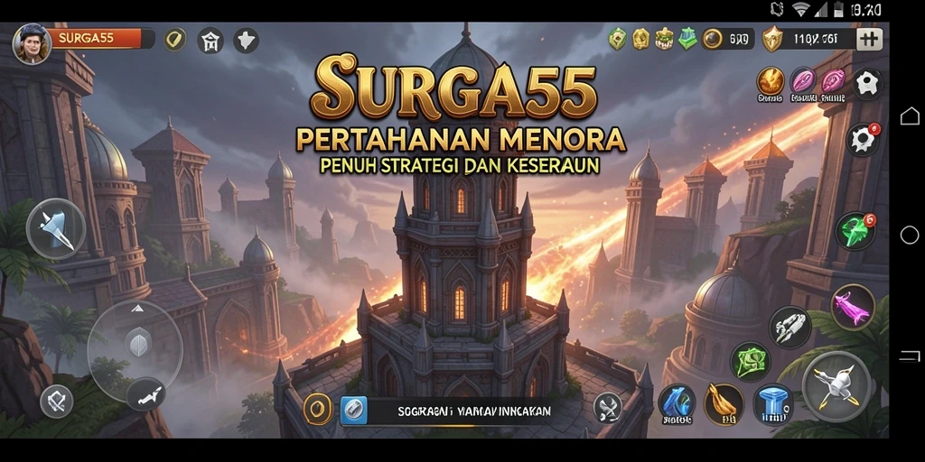 Tampilan gameplay menara pertahanan di SURGA55 yang menarik.
